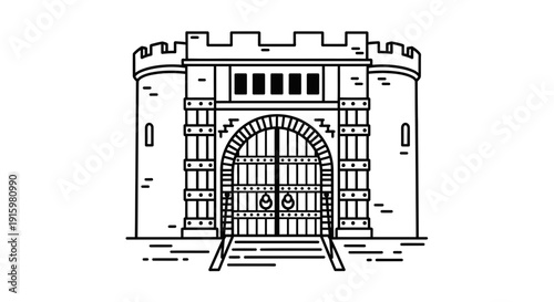Medieval Castle Gatehouse Entrance with Drawbridge and Battlements - Line Art Illustration