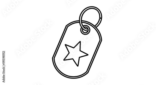 Military Dog Tag with Star Icon, Outline Drawing, Symbol of Service and Recognition
