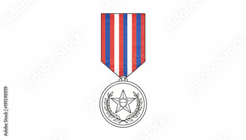 Military Medal Award with Star and Laurel Wreath, Red, White, Blue Ribbon