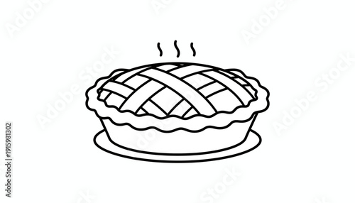 Hot Baked Apple Pie with Lattice Crust, Steaming, Isolated on White Background, Line Art