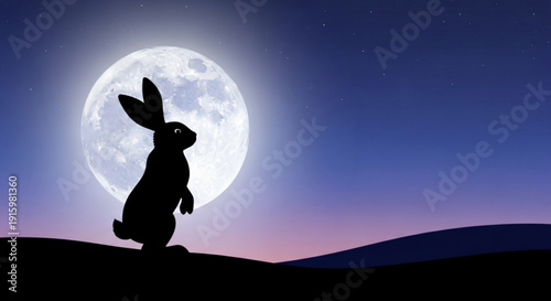 Rabbit silhouette standing on hill looking at full moon in night sky with purple and blue hues