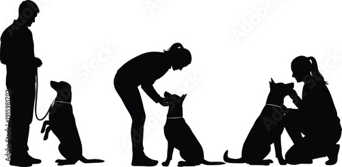 People training and bonding with dogs silhouette illustration showing obedience training, pet care, animal companionship and positive relationship between humans and domestic dogs concept