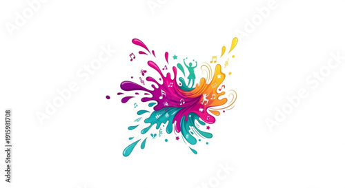 Vibrant colorful paint splashes in pink orange and teal on white background