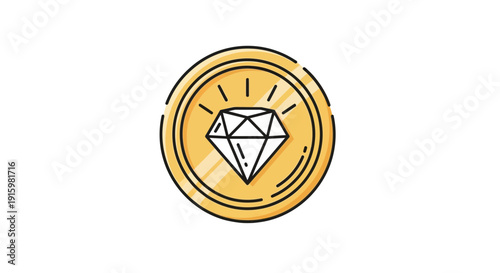 Golden Coin with Diamond Icon, Symbol of Wealth, Luxury, and Success