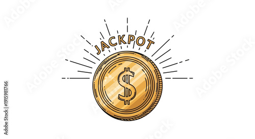 Golden Jackpot Coin with Dollar Sign and Bursting Rays