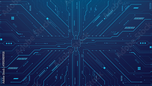 Abstract digital circuit board pattern with glowing blue lines on a dark blue background representing technology and connectivity