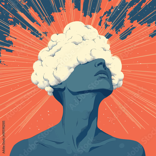 Surreal conceptual portrait of person with cloud head and sun rays creative mental health imagination and mindfulness background , vector style simple color