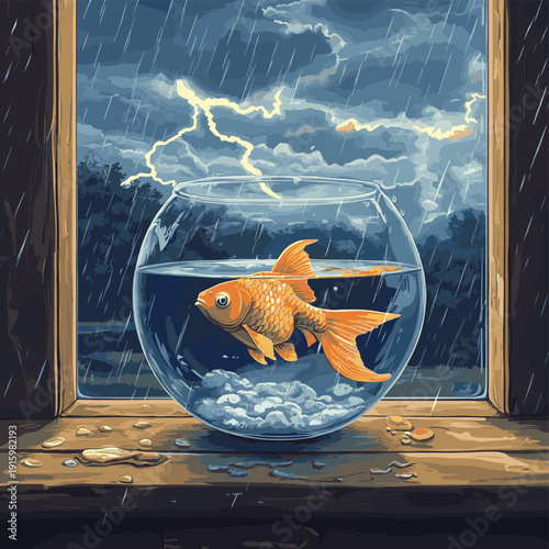 Surreal goldfish in glass bowl with storm clouds, lightning and rain outside wooden window, fantasy aquarium illustration , vector style simple color