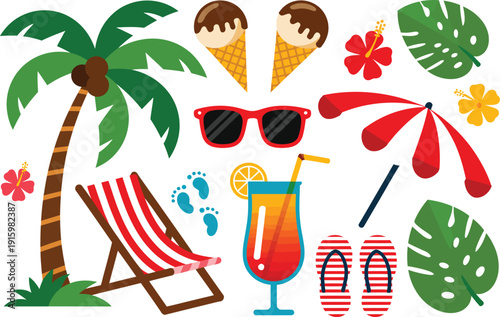 Tropical island vacation beach paradise vector illustration, summer getaway destination with palm trees, ocean, sun, and relaxing travel elements for tourism, holiday, and resort design concepts