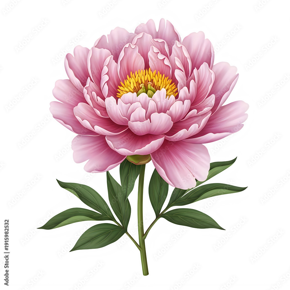 Obraz premium A vibrant pink peony flower with delicate petals and lush green leaves isolated on transparent background