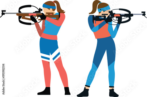 Colorful vector illustration of two female athletes in sports gear aiming rifles during a professional biathlon competition isolated on white background