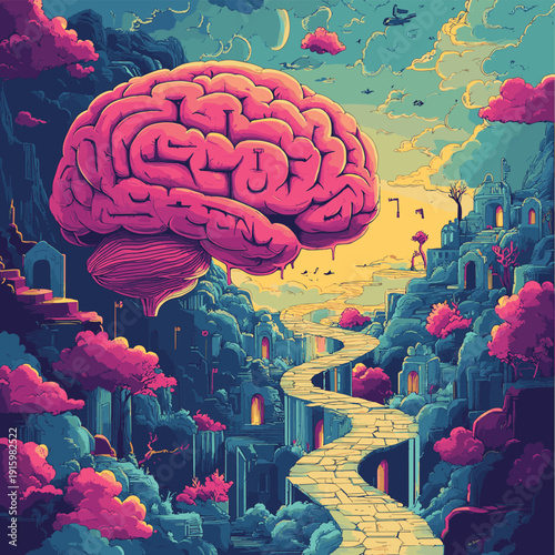 Surreal Landscape with Human Brain Maze, Floating Keys, Doors in Clouds, and Animals in Vibrant Fantasy Nature Illustration , vector style simple color