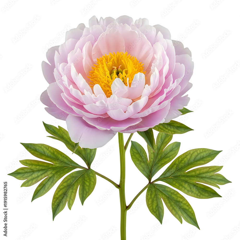 Obraz premium A beautiful pink peony flower with green leaves and a white center isolated on transparent background