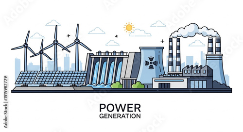 Modern power generation facilities with wind turbines and solar panels.