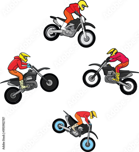 Colorful vector illustration set of professional motocross riders performing extreme dirt bike stunts and jumps isolated on white background