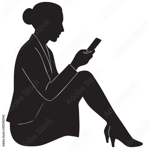 Focused woman in silhouette uses smartphone while sitting, conveying modern communication and digital engagement.