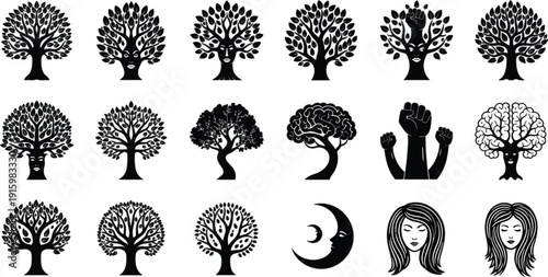 Creative black tree vector set featuring human silhouettes brain lungs hands and moon elements for conceptual environmental branding