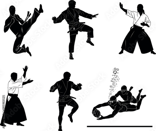 Martial arts silhouette postures and techniques in various stances and movements