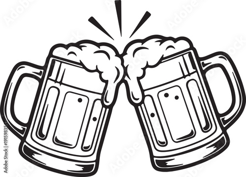 Two beer mugs clinking together with foam and exclamation lines
