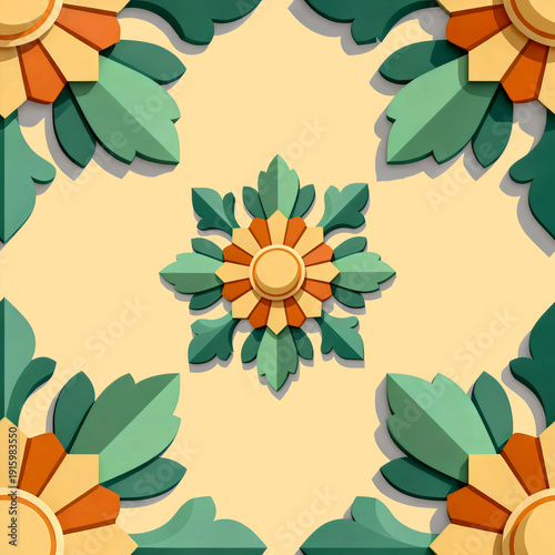 Layered 3D relief floral ornament in green orange and yellow hues