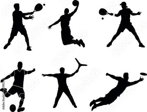 Six black silhouettes of athletes playing various sports in dynamic poses on a white background