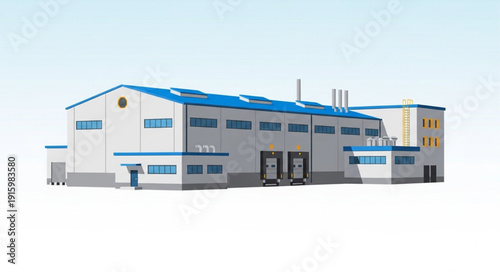 Modern industrial warehouse building with blue roof and loading docks.