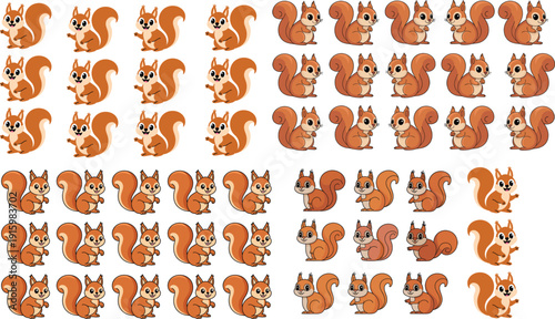 Cute cartoon squirrel vector icon set with various poses and expressions isolated on white background for forest wildlife design