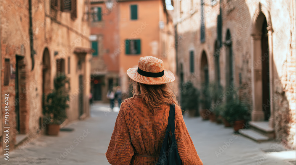 Fototapeta premium Woman walking Siena old town Tuscany Italy street travel, straw hat and dress, peaceful summer tourism scene
