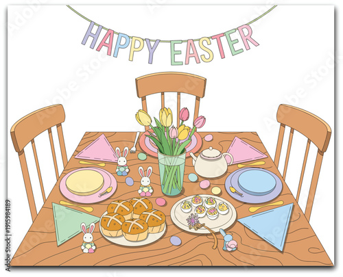 Easter brunch table, festive wooden dining setup with hot cross buns, spring flowers, bunny decorations, and happy easter banner for joyful family holiday meal concept.