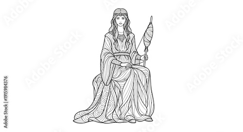 Elegant woman in medieval dress holding spindle, line art illustration