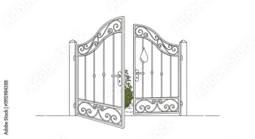 Elegant Wrought Iron Gates Open to Lush Greenery, Welcoming Entrance
