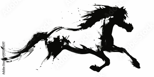 Dynamic black ink wash painting of a galloping horse in expressive style