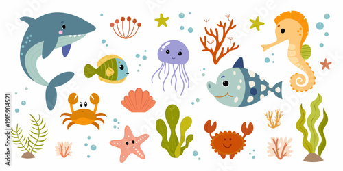 Colorful cartoon illustration of various marine life and ocean elements