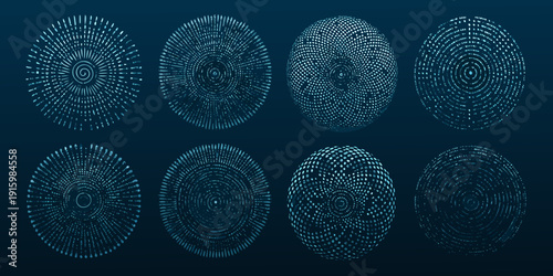 Abstract circular patterns composed of numerous small dots in dark blue tones