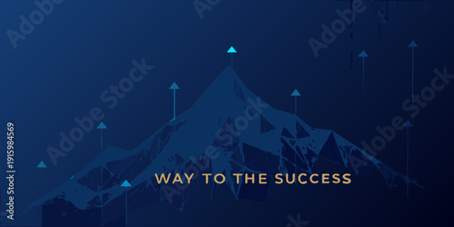 Abstract mountain range illustration with upward pointing arrows and text