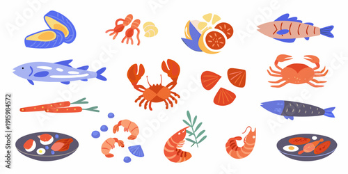 Colorful illustration featuring various types of seafood and marine life