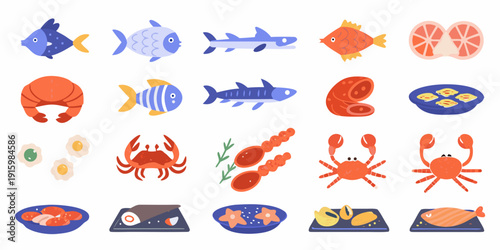 Colorful illustration depicting various seafood fish and prepared dishes