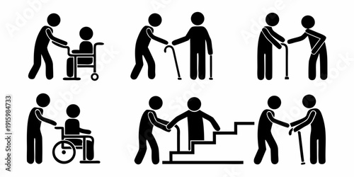 Stick figures depicting people assisting others with mobility impairments