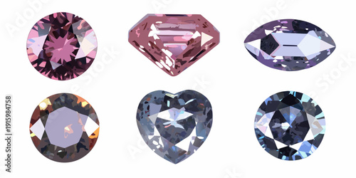 Assortment of polished gemstones in various shapes and shades of purple