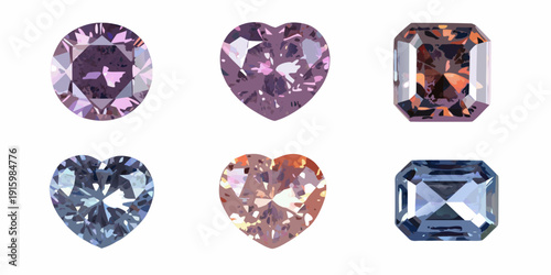 Assortment of uniquely cut and colored gemstones displayed on a white background