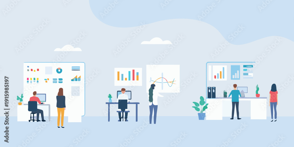 Obraz premium Modern office space with people working on computers and analyzing data