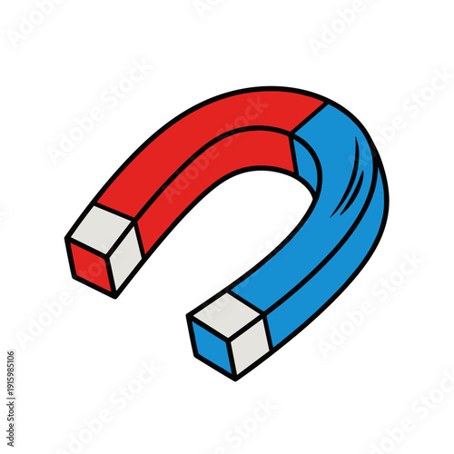 Illustration of a curled horseshoe magnet with red and blue poles isolated on a white background, showcasing a bold and colorful design