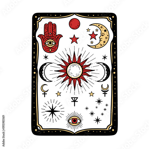 Mystical divination board featuring celestial symbols and hand motif isolated on white background with ornate borders