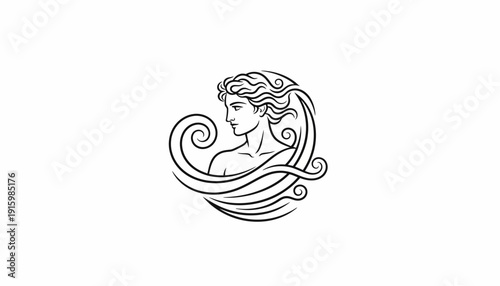 Elegant Greek Mythology Goddess Woman Portrait with Flowing Hair and Swirls
