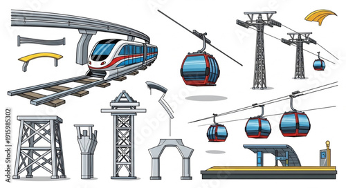 Modern transportation systems including monorail and cable cars.