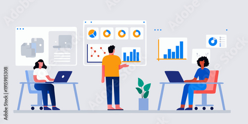 Team collaborating in a modern office analyzing data and presenting insights