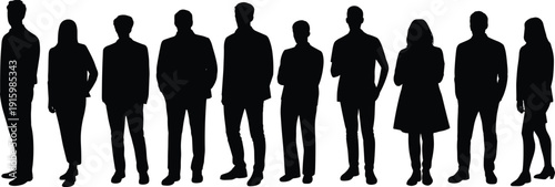 Business, people, silhouettes, diverse, professionals, standing, corporate, office, team, workforce, leadership, modern, employees, group, workplace, profile, isolated, vector, flat, illustration