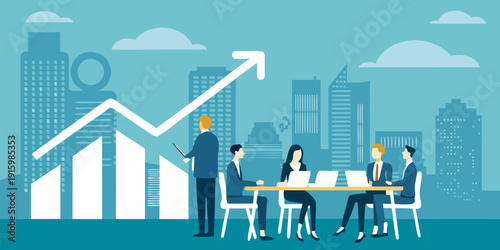 Business professionals discuss growth strategies in a modern city setting