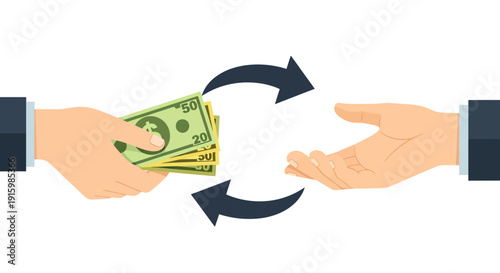 Vector illustration of two hands exchanging dollar bills, symbolizing a financial transaction.