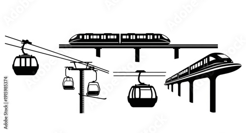 Monorail and Cable Car Transportation Systems Silhouettes.